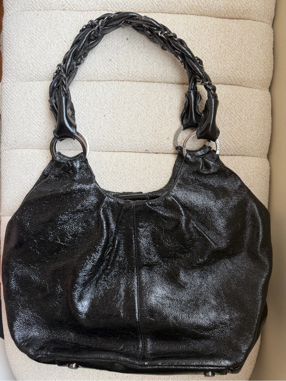 USED Elliott Lucca Shiny Black Patent with Braided Chain Handles